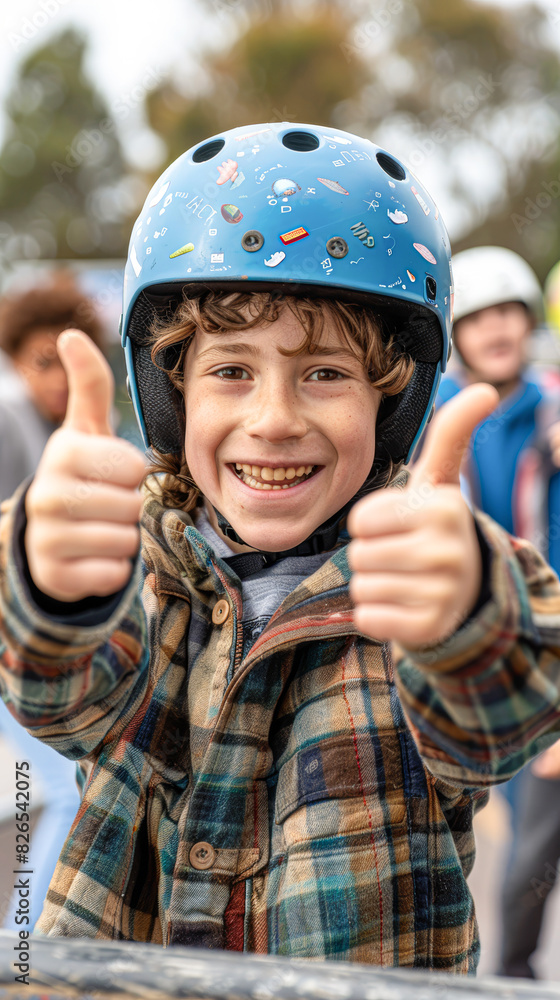 Joyful Triumph at the Skatepark Child in Blue Helmet Giving Thumbs Up with Friends Cheering in Background Joyful Triumph at the Skatepark Child in Blue Helmet Giving Thumbs Up with Friends Cheering in Background