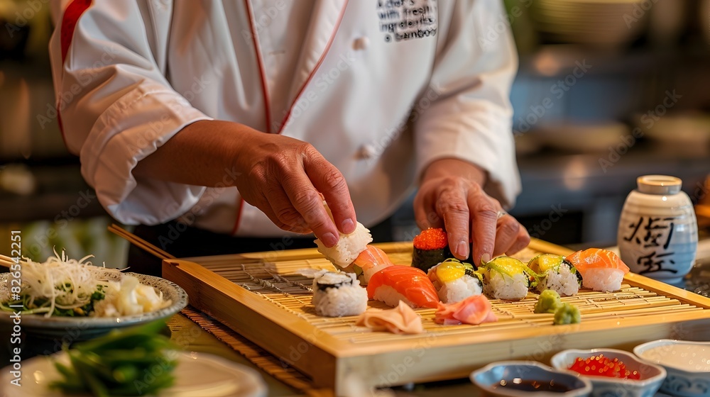 Skilled Chef Preparing Exquisite Sushi Dish with Fresh Ingredients on Wooden Cutting Board