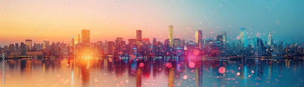 Fototapeta premium Cityscape expanding upward with a clear sky background close up, focus on, copy space Lively downtown colors Double exposure silhouette with freedom