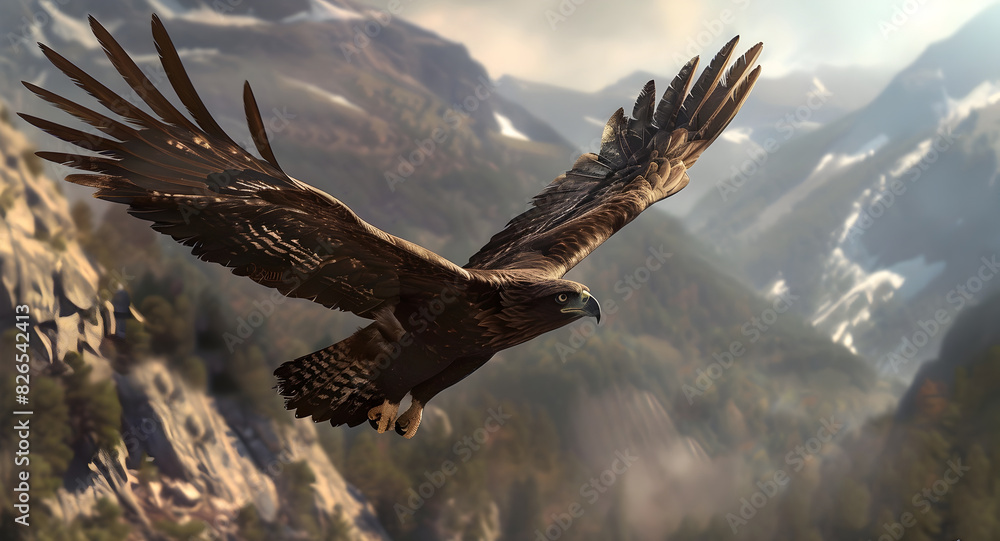 Fototapeta premium Majestic Eagle Soaring High Above Rugged Mountain Landscape in Dramatic Sky