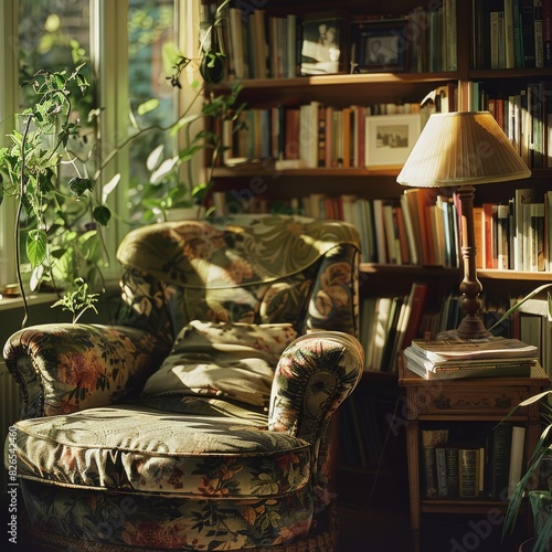 A vintage floral armchair sits in a sunlit living room.
