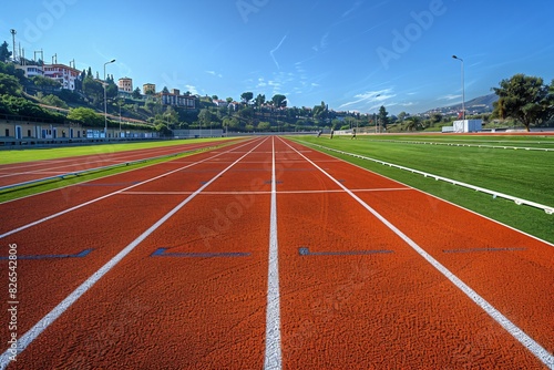 Dynamic Low Angle View of an Empty Stadium Track with Focus on the Starting Line - Athletics, Sports, and Competition Concept photo