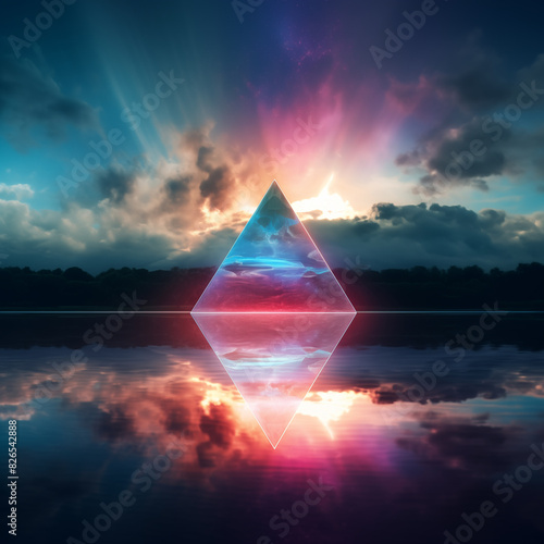 Surreal landscape with triangle pyramid concept poster. Abstract geometric wallpaper background. Cyberpunk vaporwave style. Raster bitmap digital illustration. AI artwork.