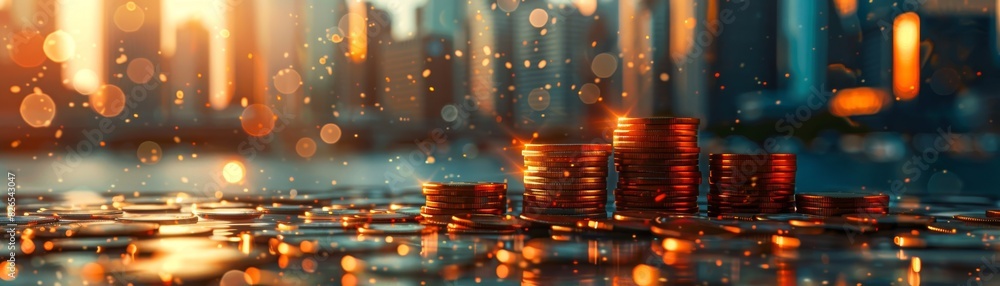 Cityscape breaking down with scattered coins close up, focus on, copy space Gritty downtown colors Double exposure silhouette with economic ruin Cityscape breaking down with scattered coins close up, focus on, copy space Gritty downtown colors Double exposure silhouette with economic ruin