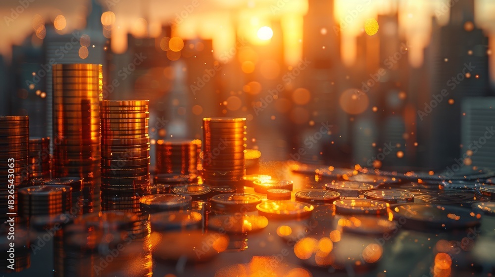 Modern city buildings ascending with coins and banknotes around close up, focus on, copy space Bright architectural details Double exposure silhouette with prosperity Modern city buildings ascending with coins and banknotes around close up, focus on, copy space Bright architectural details Double exposure silhouette with prosperity