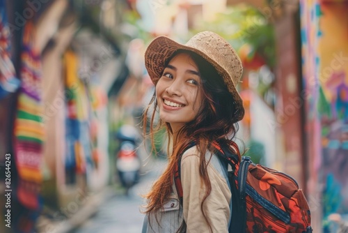 A woman wearing a straw hat and a backpack is happily smiling while traveling