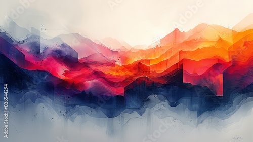 Abstract artwork depicting a colorful mountain range with striking hues and dynamic brushstrokes. photo