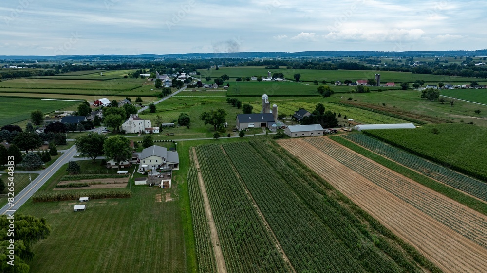 An Aerial View of Rural Farmland with Houses and Silos