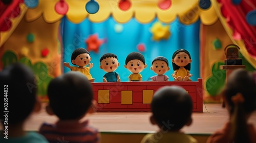 A group of children are sitting in a theater watching a puppet show, Happy Children's Day