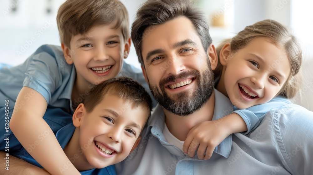 Happy single father with his kids boy and a girl spending quality family time together indoors smiling at camera Happy single father with his kids boy and a girl spending quality family time together indoors smiling at camera