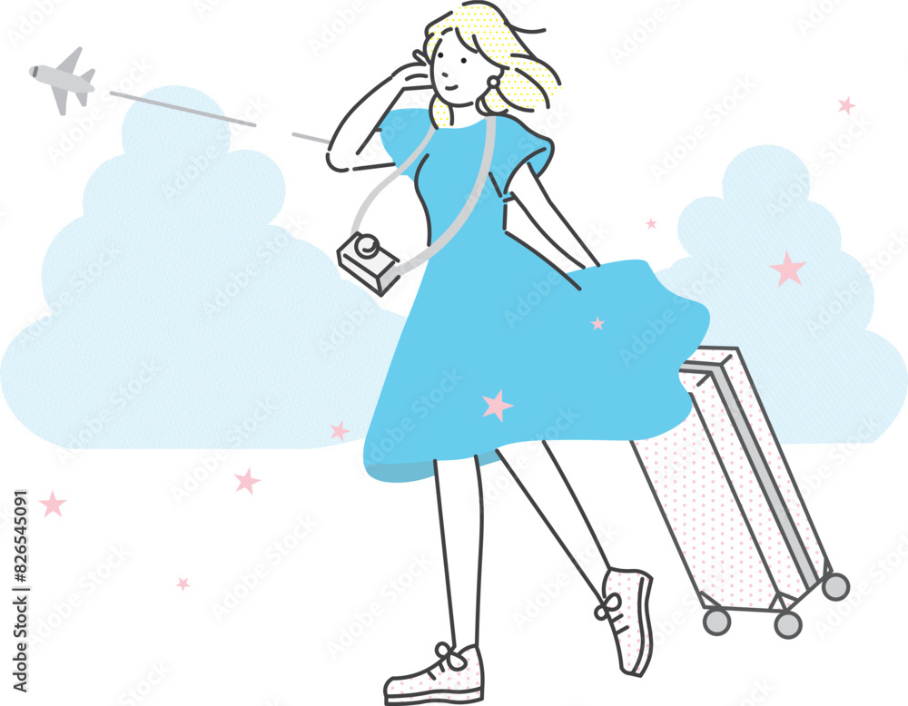 夏の旅行ー女性一人物ー飛行機と雲のある背景ーベクターイラスト素材 夏の旅行ー女性一人物ー飛行機と雲のある背景ーベクターイラスト素材