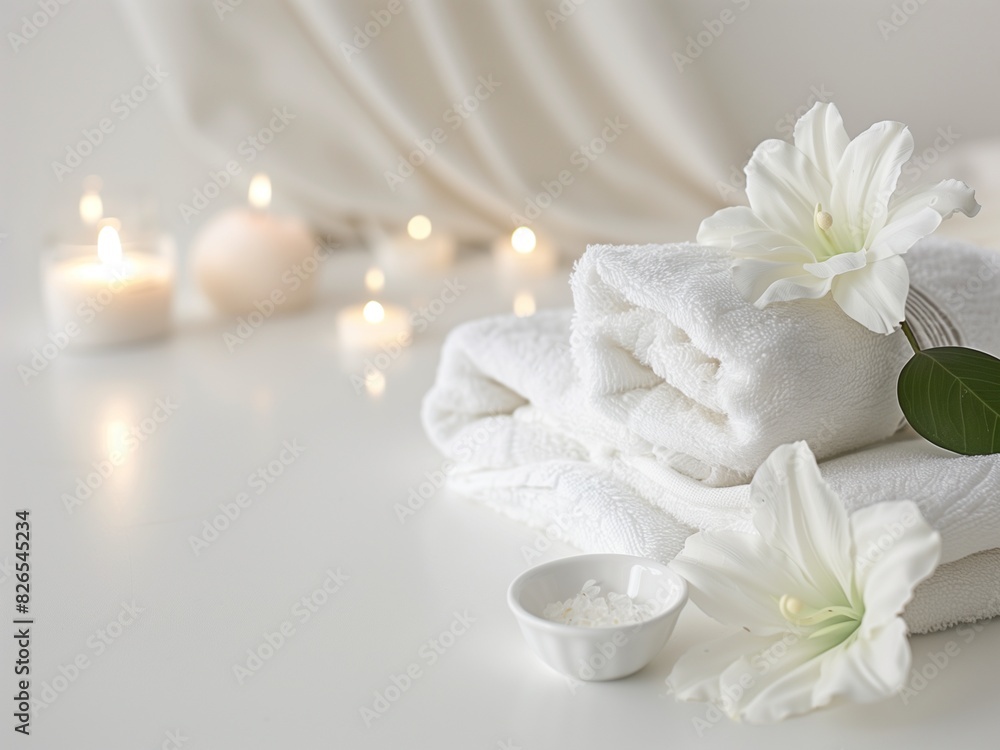 set of spa with towels , candles , essential oils , massage oils and porcelain flower on white background