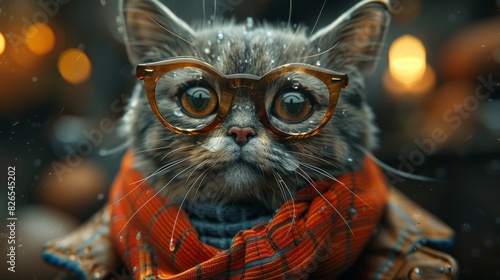 Cute cat wearing glasses and scarf  gazing attentively. Cozy and stylish feline portrait with bokeh background.