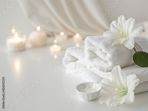set of spa with towels   candles   essential oils   massage oils and porcelain flower on white background