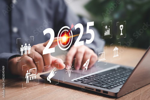 2025 planning business growth new year concept, Businessman use technology to manage business to grow sustainably through digital transformation, Plan strategy marketing Finance, Education, Training