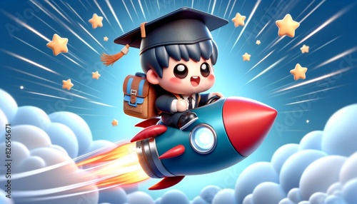 Adorable 3D cartoon character wearing a graduation cap and backpack, riding a rocket through the sky with stars