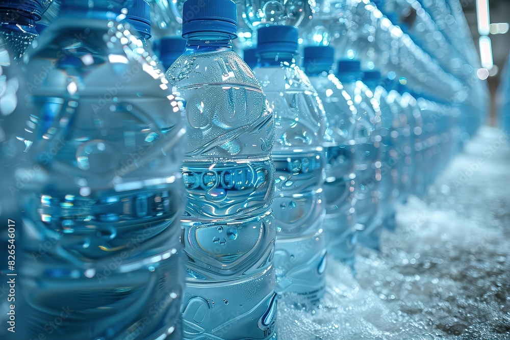 A wall of plastic water bottles were stacked together, each bottle filled with clear blue liquid and having the same shape A wall of plastic water bottles were stacked together, each bottle filled with clear blue liquid and having the same shape