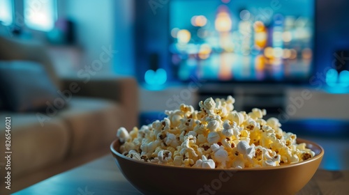 A brown deep plate filled with popcorn on the bedside table in the living room against the backdrop of the TV. The concept of home life, watching talk shows in a cozy home environment. Copy space