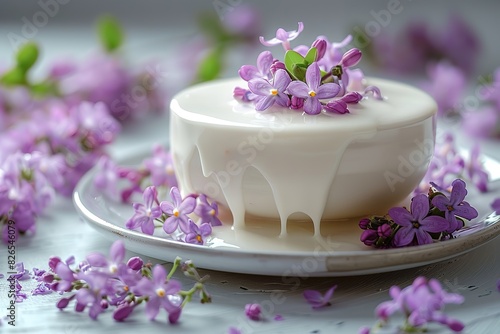 A white plate with milk and lilac flowers on it  top view  flat lay