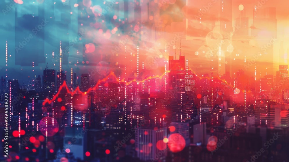 Obraz premium Highrise structures extending with an upward arrow close up, focus on, copy space Bold cityscape colors Double exposure silhouette with growth