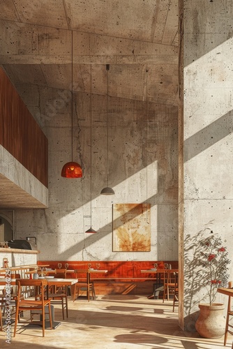 drawing interior design, pot restaurant design, morandi color scheme, minimalist space design 