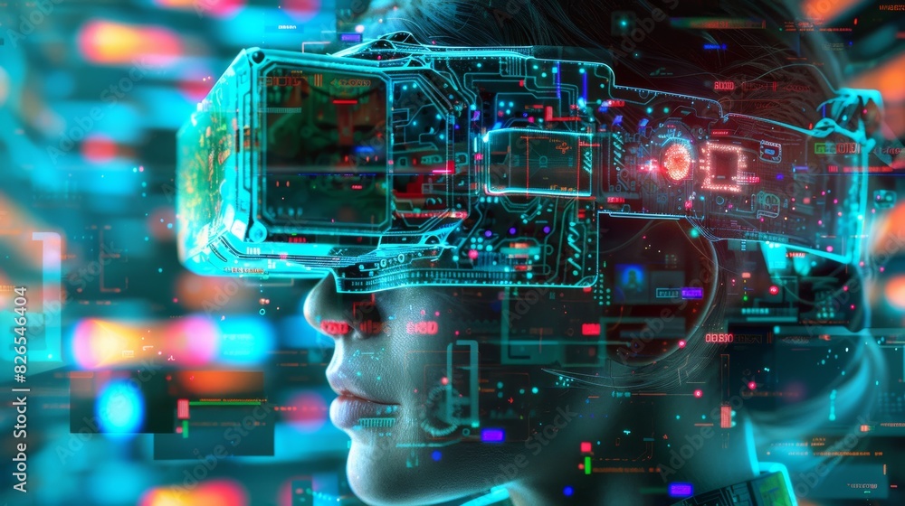 A person immersed in a virtual reality experience, wearing a high-tech VR headset surrounded by digital holographic interfaces. A person immersed in a virtual reality experience, wearing a high-tech VR headset surrounded by digital holographic interfaces.