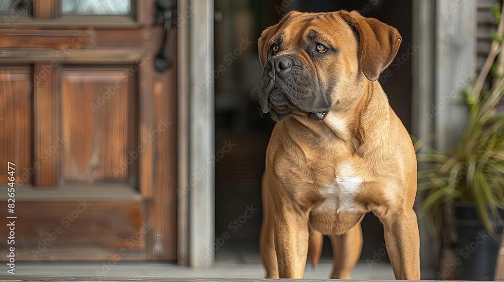 Boerboel, a large, muscular dog breed from South Africa, is standing guard at the front door. Boerboel, a large, muscular dog breed from South Africa, is standing guard at the front door.