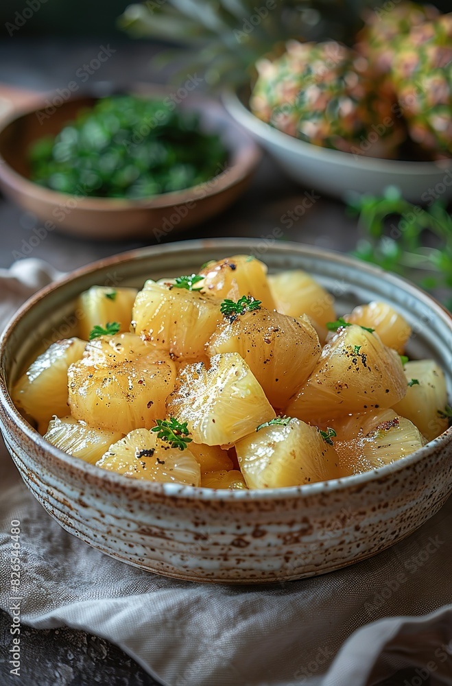 A bowl of yellow pineapple chunks, side view A bowl of yellow pineapple chunks, side view