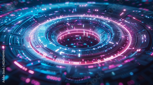 Futuristic digital vortex with neon lights and intricate circuitry pattern, representing advanced technology and data flow visualization.