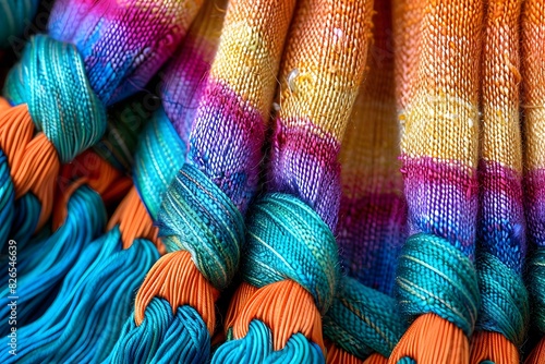 Fabric texture of a colorful scarf with fringe in ethnic style.