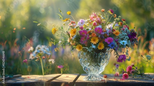 A bouquet of wildflowers, in a crystal vase, on a wooden table, in the summer garden. Realistic style,  photo