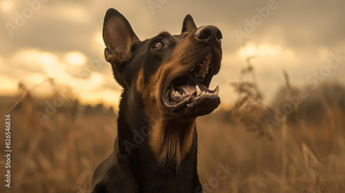 Doberman Pinscher dog looking alert and attentive in a field at sunset with a beautiful sky and clouds in the background.