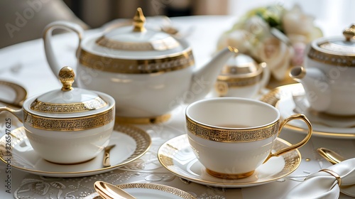 Exquisite gold-trimmed porcelain tea set displayed gracefully on a white tablecloth, adding refinement to tea time gatherings.