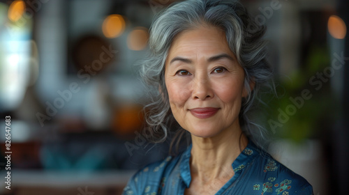 Asian Senior Woman Face Portrait with Smile. Blue Shirt and Grey Hair