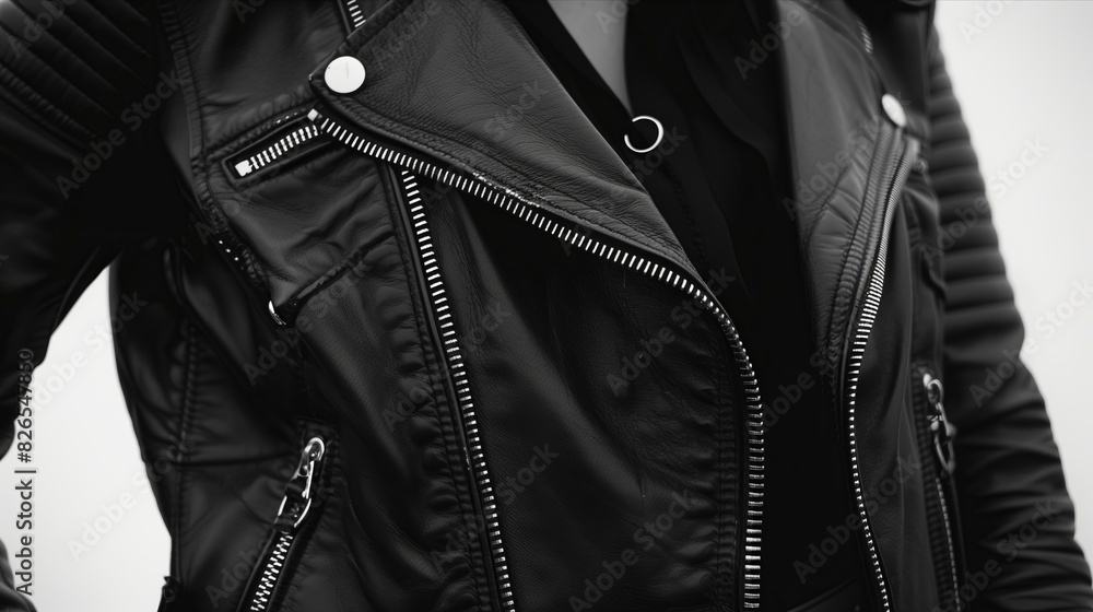 Close-Up of Stylish Black Leather Jacket with Zipper Details Close-Up of Stylish Black Leather Jacket with Zipper Details