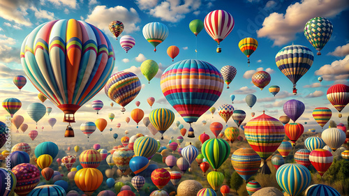 A vibrant and whimsical scene of colorful balloons floating in the sky, each one uniquely shaped and patterned, creating a diverse and visually stunning display. © Muhammad Afzal