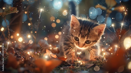 Little cute kitten in the middle of the blurred bokeh lights. © pimmou