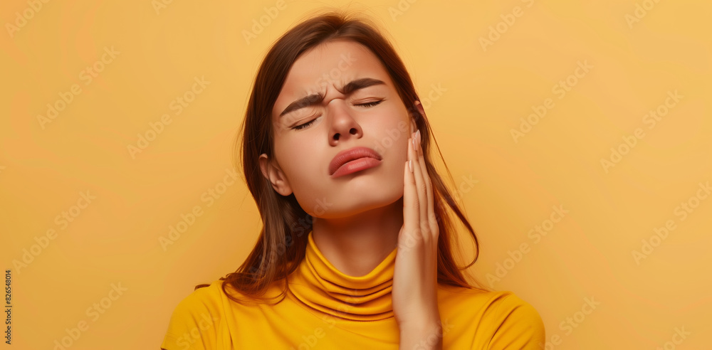 Unhappy woman suffers from toothache, pain in teeth, dental, oral health, patient touches his cheek Unhappy woman suffers from toothache, pain in teeth, dental, oral health, patient touches his cheek