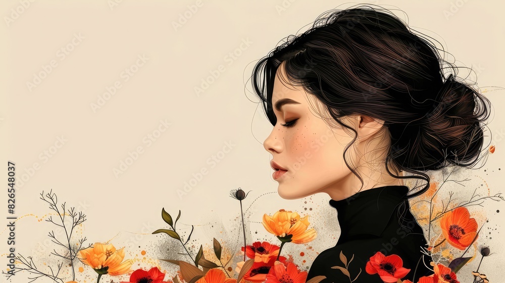 Fototapeta premium portrait of a woman with dark hair, minimalistic collage with flowers and leaves in a vintage style