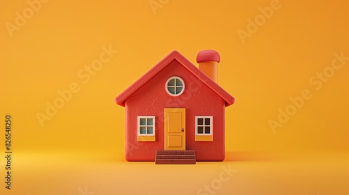 Bright, minimalist image of a red toy house with a yellow door on an orange background. Perfect for design, architecture, and real estate concepts.