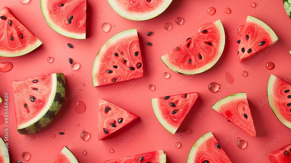 Pattern with watermelon slices with seeds on a red background with drops. Juicy watermelon to decorate a card or gift. Summer colorful background Pattern with watermelon slices with seeds on a red background with drops. Juicy watermelon to decorate a card or gift. Summer colorful background