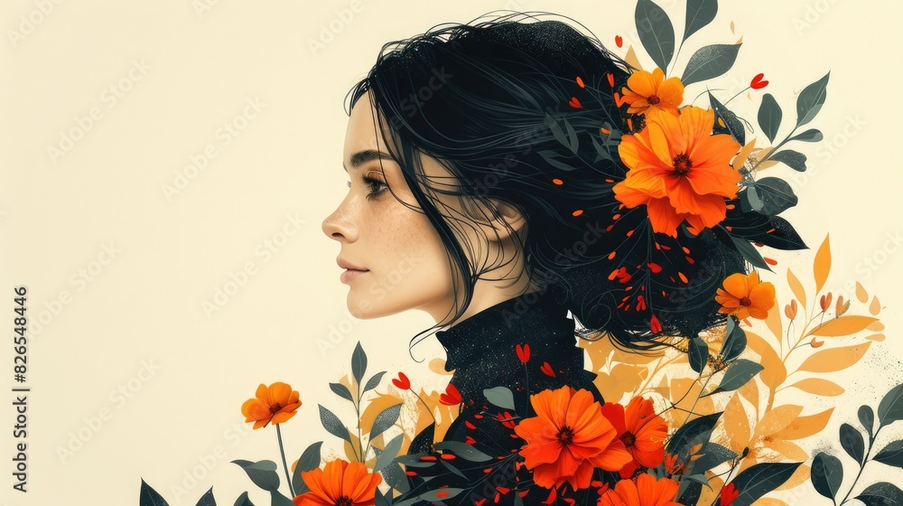 portrait of a woman with dark hair, minimalistic collage with flowers and leaves in a vintage style portrait of a woman with dark hair, minimalistic collage with flowers and leaves in a vintage style