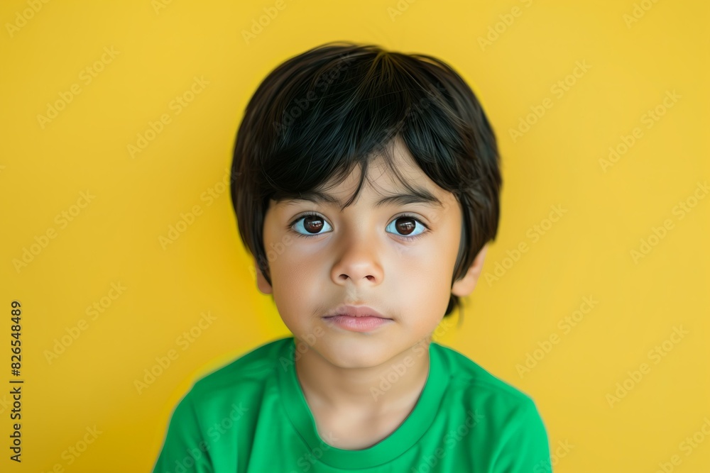 young boy with straight black hair and brown eyes, green tshirt looking thoughtful against a soft yellow background young boy with straight black hair and brown eyes, green tshirt looking thoughtful against a soft yellow background