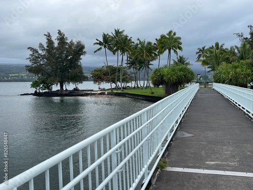 The bridge to Coconut Island on Big Island Hawaii, trail, Hilo, water, cocopalms, tropical sun, wellness, historic, legendary, climate, Pacific Ocean, picnic area, families, locals photo