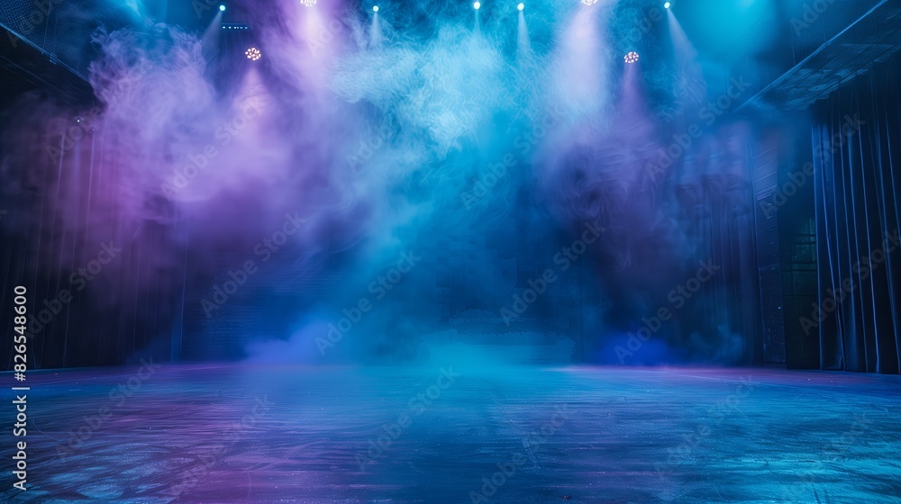 An empty stage, blue and purple lighting, light smoke.