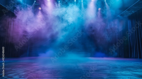 An empty stage  blue and purple lighting  light smoke.