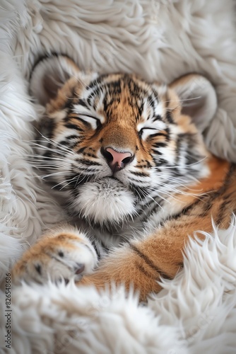 Adorable sleeping tiger cub on a fluffy white blanket  peaceful and cute