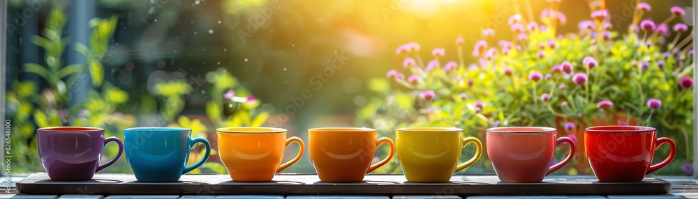 Array of colorful tea cups on a tray, with a garden view through a window in the background Array of colorful tea cups on a tray, with a garden view through a window in the background