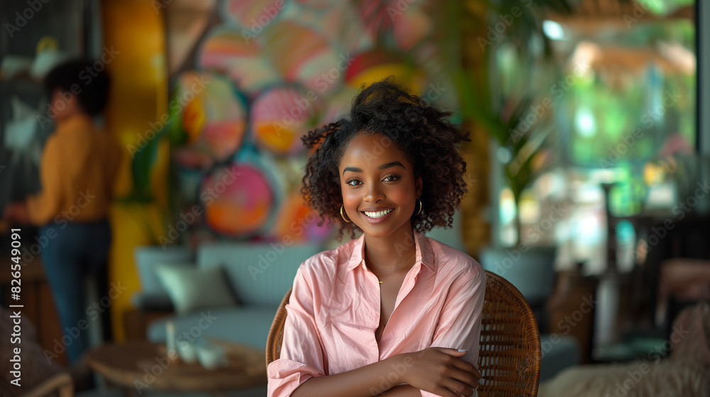 Black Woman Portrait in Pink Shirt in Interior. Smile and happy Black Woman Portrait in Pink Shirt in Interior. Smile and happy