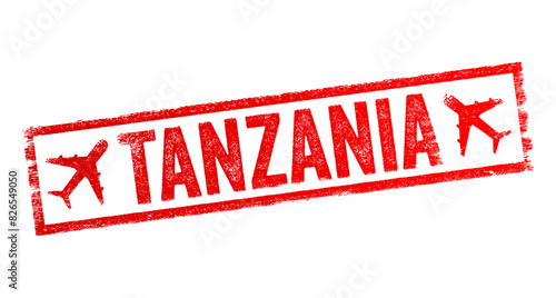 Tanzania is a country in East Africa within the African Great Lakes region, text emblem stamp with airplane photo